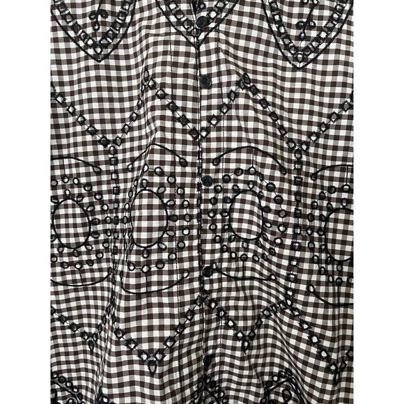 Anthropologie Pilcro Keira Long Sleeve Shirt Dress Brown Gingham Black Embroider - Picture 3 of 9